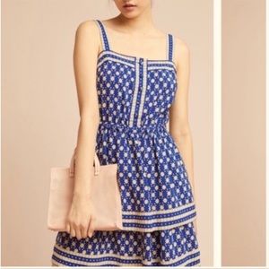 Anthropologie Maeve Oberlin tiered sleeveless mini dress in blue and cream